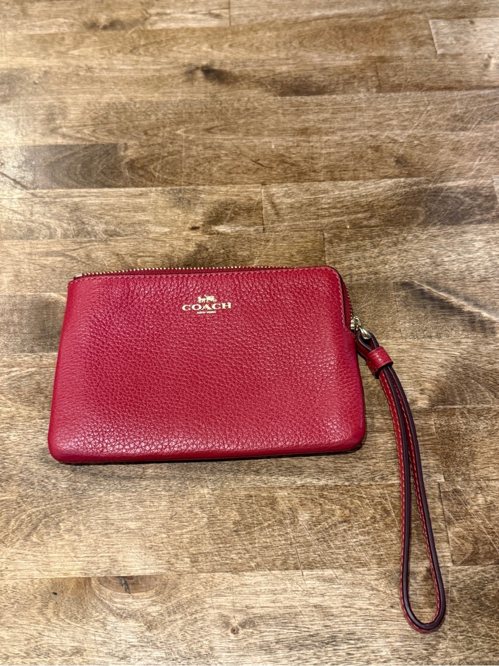 Coach Red Pebbled Leather Wristlet with Gold Logo